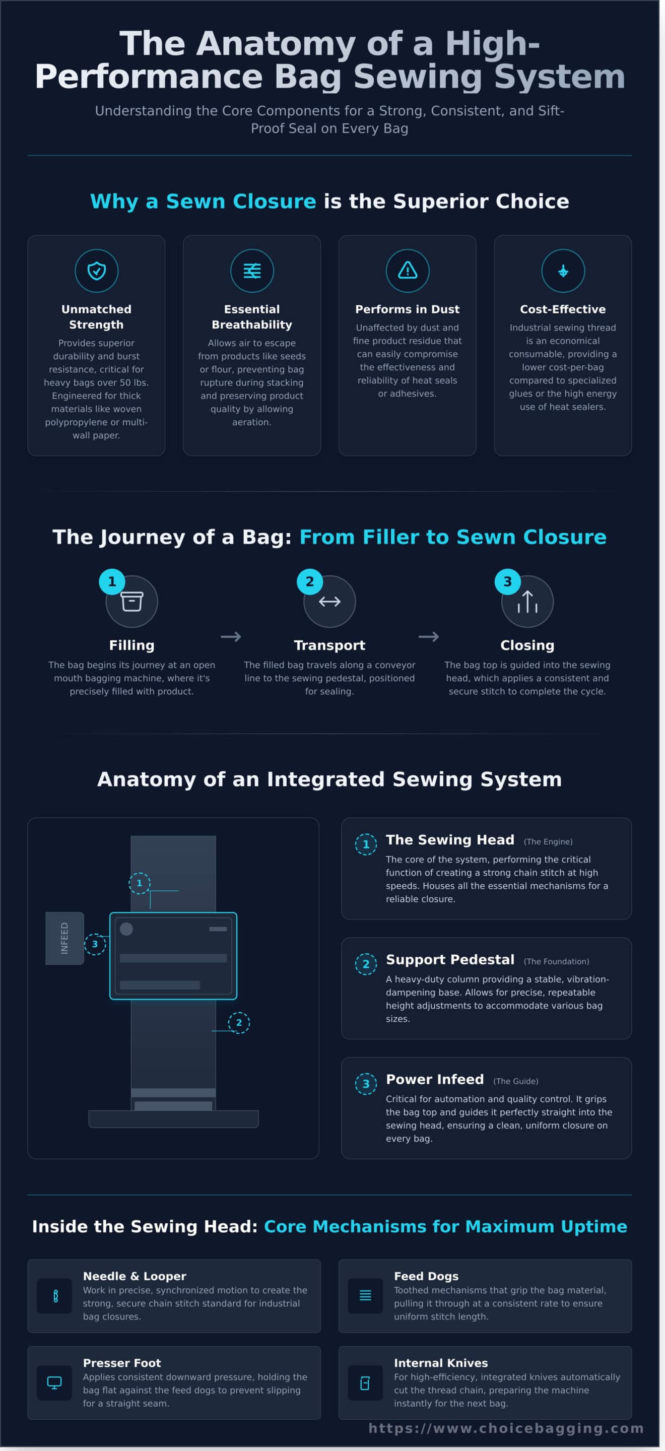 How a Bag Sewing Machine Works on a Production Line - Infographic