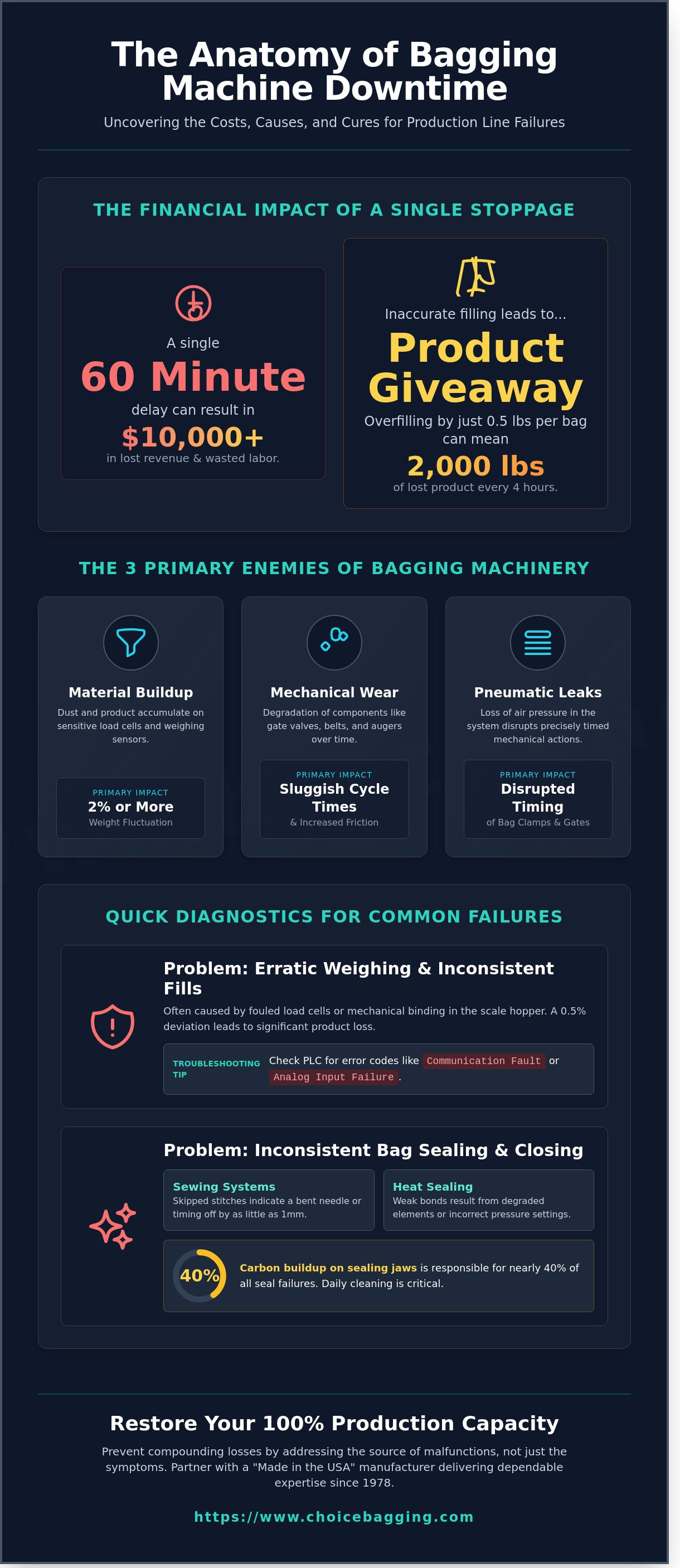 industrial bagging machine repair: expert solutions to minimize production downtime infographic